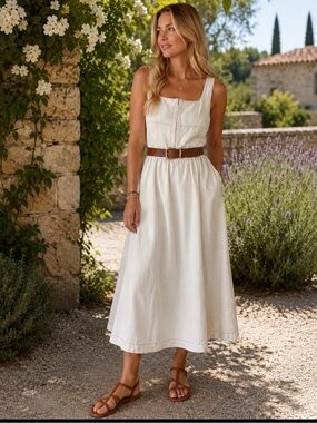 Sleeveless White Cotton Midi Dress with Front Hook and Eye